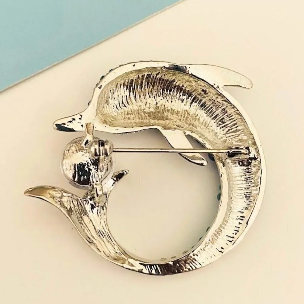Playful Blue Crystal Dolphin Brooch Pin